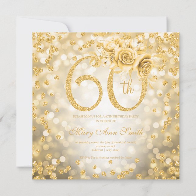 Dourada Floral 60ª Luzes de Vidro de Aniversário (Frente)