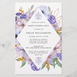 Dourada Floral Roxo do Orçamento 16 Convite
