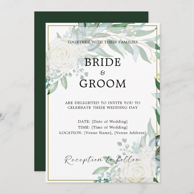 Dourada Fronteira Floral Greenery Convite para Cas (Frente/Verso)