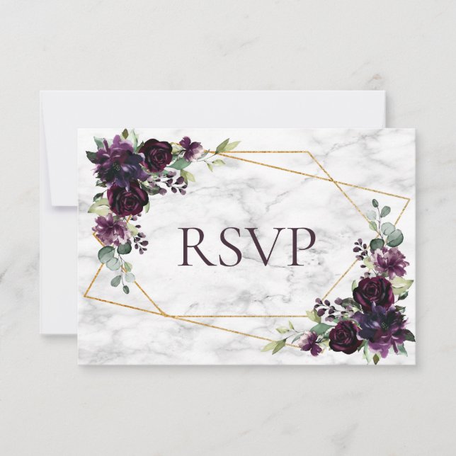 Dourada Geométrica Plum Purple Marble Weding RSVP (Frente)