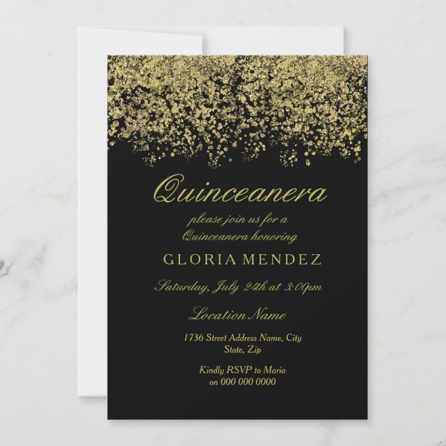 Dourada Glitter Confetti Quinceanera Convite (Frente)