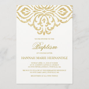 Dourada Glitter Damask Baptism Convite