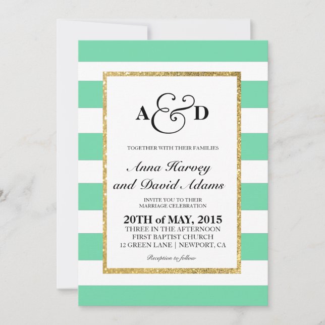 Dourada Glitter Mint Green Stripes Convite para Ca (Frente)