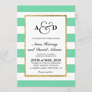 Dourada Glitter Mint Green Stripes Convite para Ca
