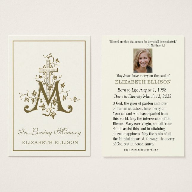 Dourada Marian Cross Virgin Mary Cartão Funeral de (Frente & Verso)