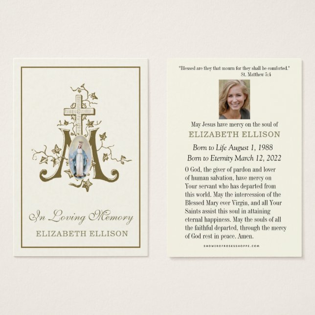 Dourada Marian Cross Virgin Mary Cartão Funeral de (Frente & Verso)