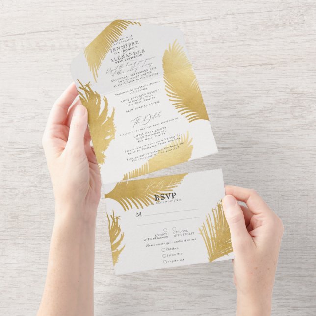 Dourada Palma Tropical Moderna De Casamento Branco (Aba destacável)