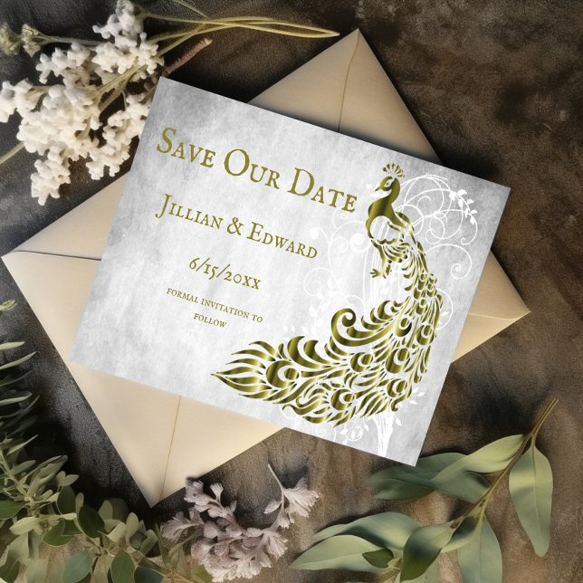 Dourada Peacock Leaf Vine Salvar Data Anúncio (Gold Peacock Leaf Vine Save the Date)