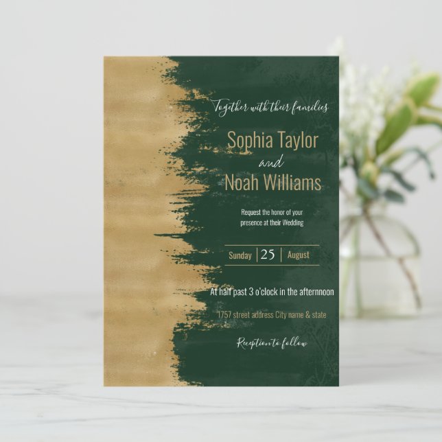 Dourada pintura de Abstrato de Brushstrokes Verde  (Em pé/Frente)