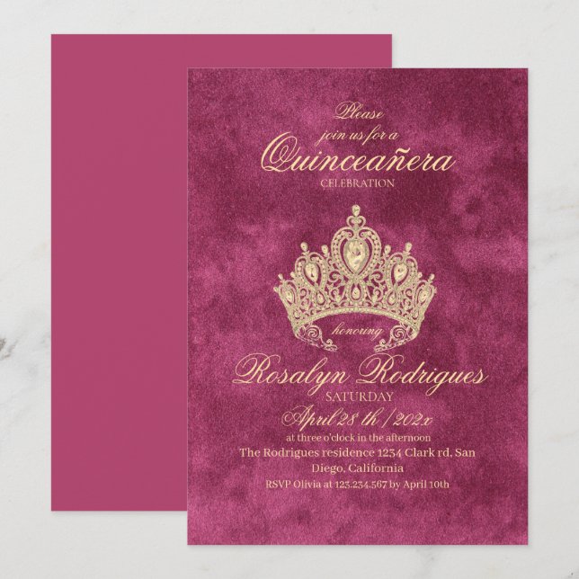 Dourada Princesa Rosa Quinceañera Convite (Frente/Verso)