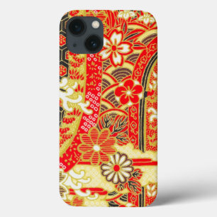 Dourada Red White Japonesa Kimono Flor Floral