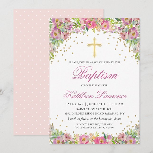 Dourada Rosa Elegante Convite Batismo Para Menina  (Frente/Verso)