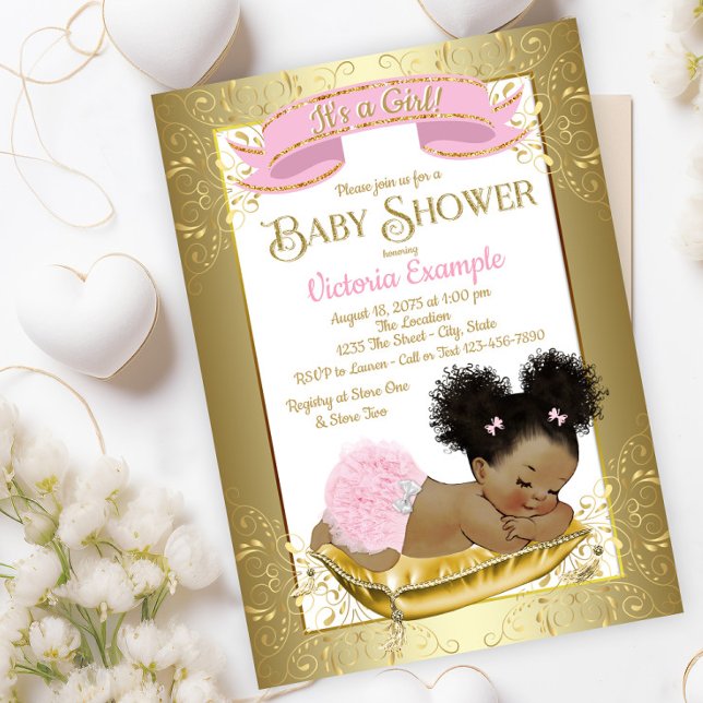 Dourada Rosa, Menina Étnica, Bebê, Convites (Adorable baby pink gold baby shower invitation with sweet sleeping baby girl. )