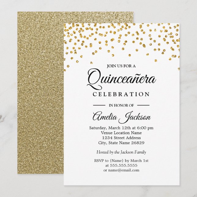 Dourada Sparkle Confetti Quinceanera Convite (Frente/Verso)