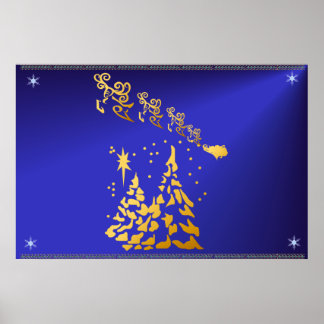 Douradas árvores e Santas Reindeer Poster