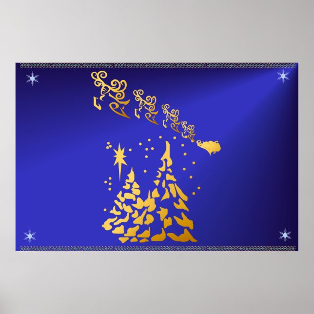 Douradas árvores e Santas Reindeer Poster (Frente)
