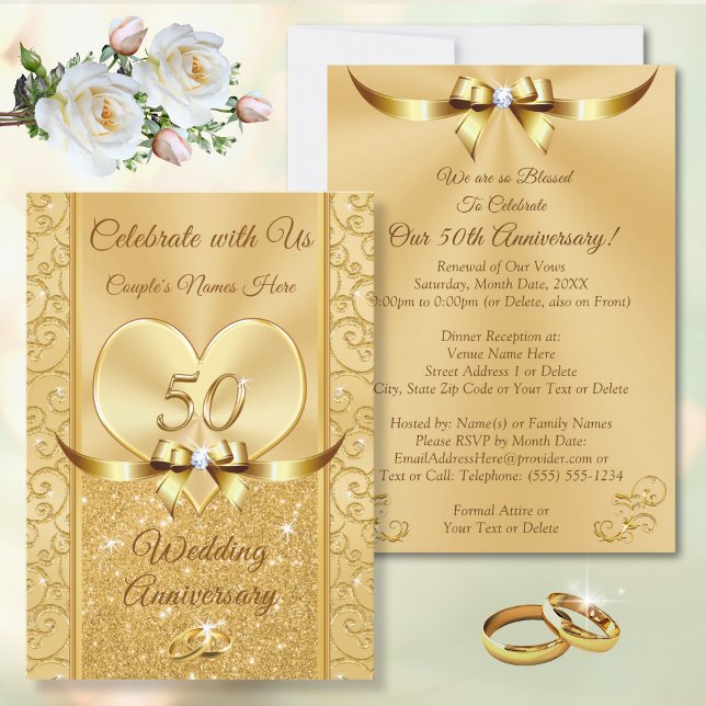 Dourado 50º Convites de Aniversário de Casamento (Elegant 50th wedding anniversary invitations. Golden anniversary invitations is the 50 year symbol.)