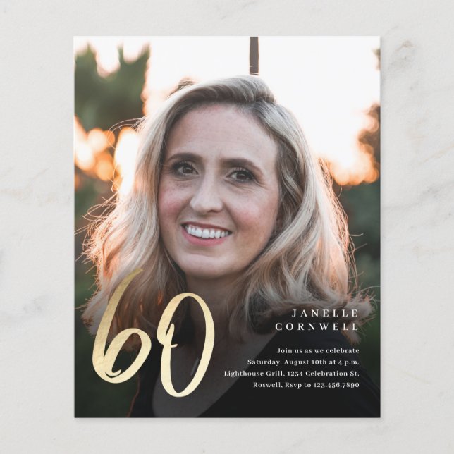 Dourado 60º Convite de Aniversário de Foto para 60 (Frente)