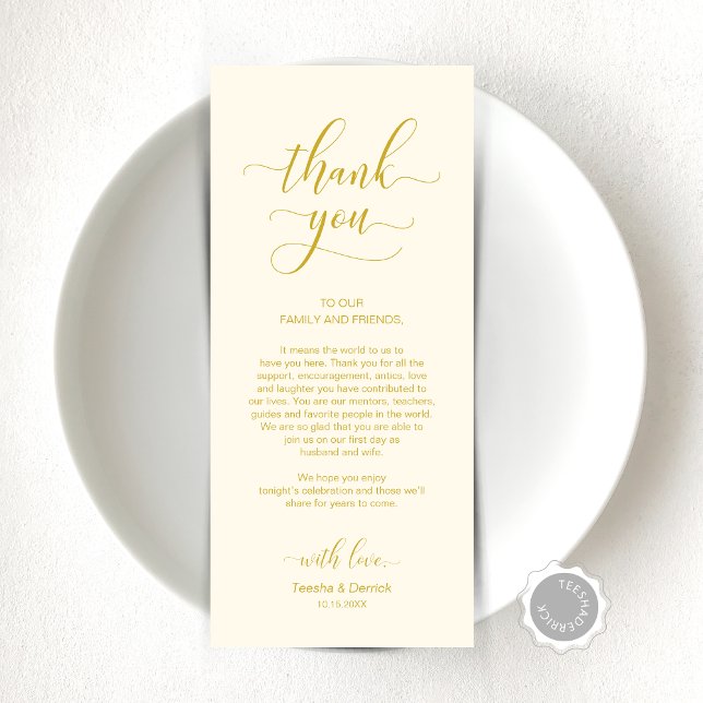 Dourado amarelo Elegante, Cartões de agradecimento (Elegant Yellow Gold, Place Setting Thank You Card, Modern Elegant Wedding Dinner Celebration)