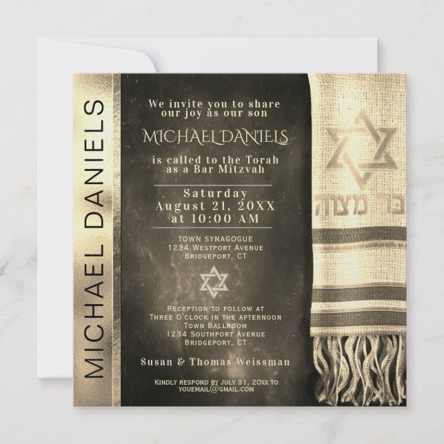 Dourado Bar Mitzvah Prayer Shawl Convite (Frente)