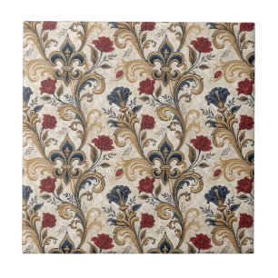 Dourado Barroco Fleur-de-Lis & Rosas Floral Damásc