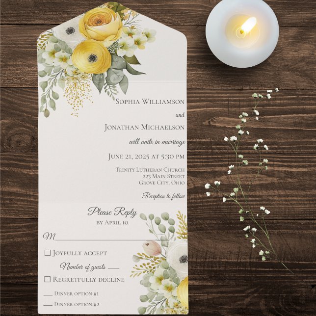 Dourado Beige & Sage Green Floral em Beige (Also available with QR code or without dinner options. )