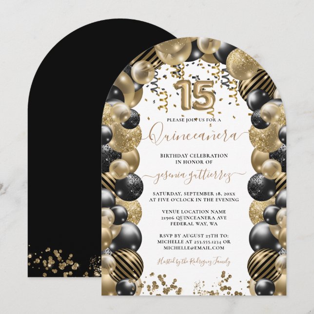 Dourado Black Sparkle Quinceanera Balon Convite (Frente/Verso)