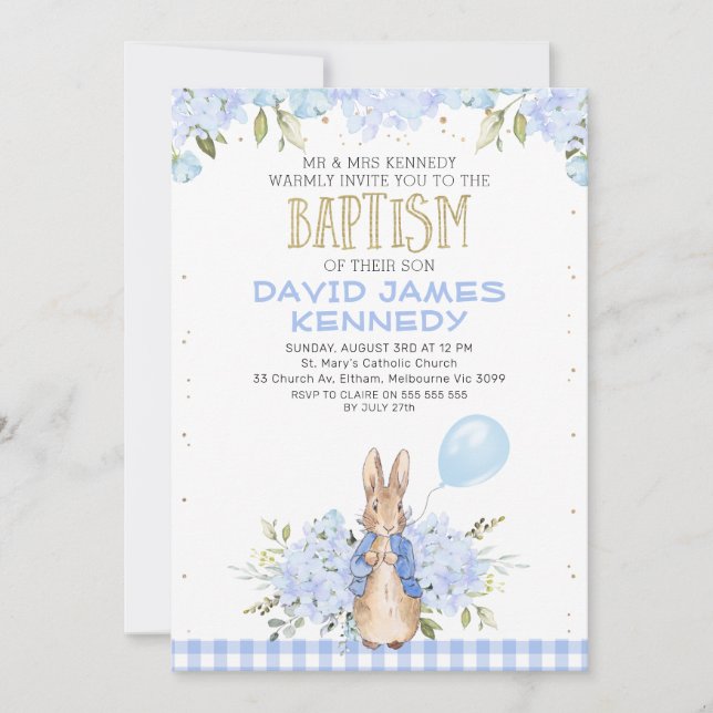 Dourado Blue Floral Peter Rabbit Baptism Convite (Frente)