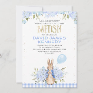 Dourado Blue Floral Peter Rabbit Baptism Convite