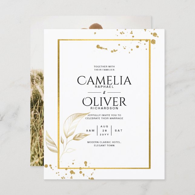 Dourado Branco Clássico de Convite para Foto de Or (Frente/Verso)