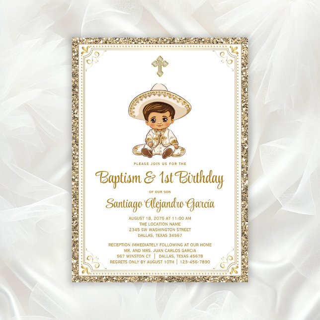 Dourado Carro Baptism e Convite para Aniversário d (Adorable little charro baptism invitation. All of the text can be changed as needed for your event.)