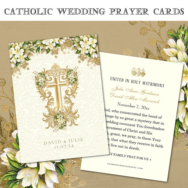 Dourado Casamento Floral Branco Católico - Cartão  (Criador carregado)