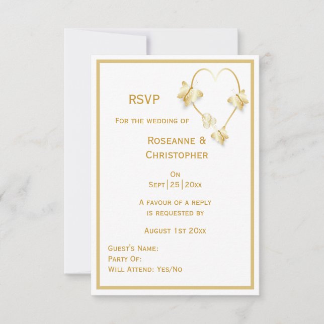 Dourado Casamento RSVP Cartões Borboletas Coração (Frente)