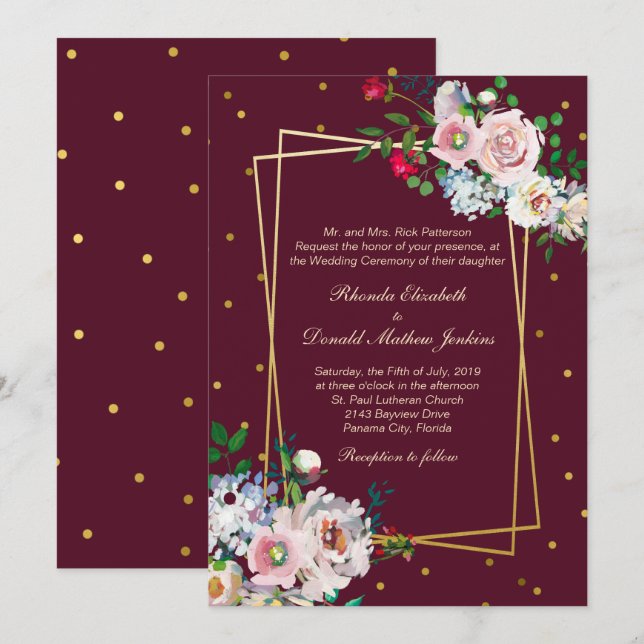 Dourado Confetti e Flores Convite para Casamento (Frente/Verso)