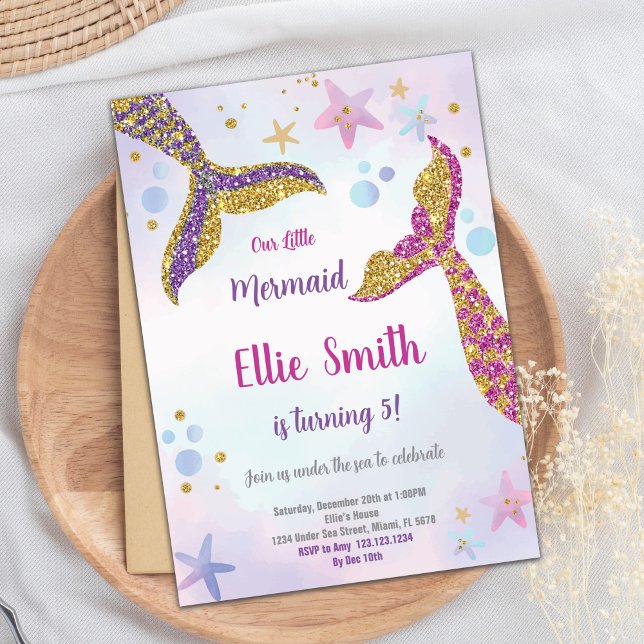 Dourado Convite à Sereia Glitter (Gold Glitter Mermaid Invitation)