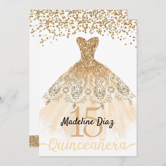 Dourado Convite de Aniversário para Quinceanera Cu (Frente/Verso)