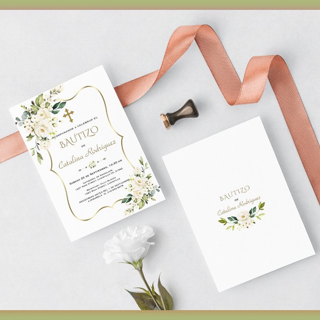 Dourado Convite De Bautizo Con Flores Baptism (Criador carregado)