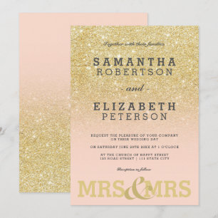 Dourado convite de casamento lésbico rosa e brilh