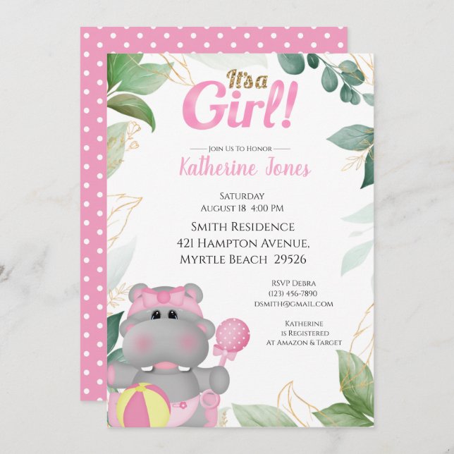 Dourado Convite para Chá de fraldas Hippo, cor-de- (Frente/Verso)