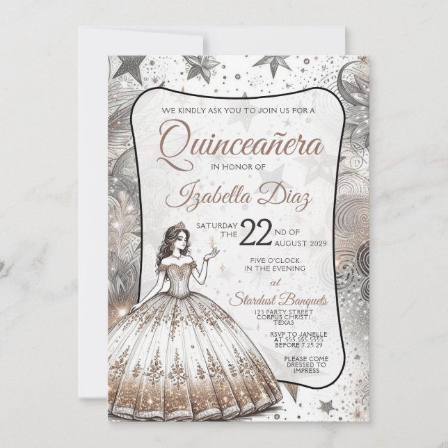 Dourado Convite para Menina Quinceañera (Frente)
