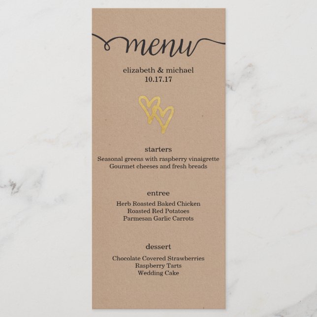 Dourado Coração Kraft Menu Casamento (Frente)