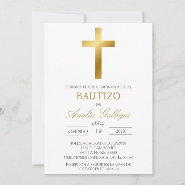 Dourado Crucifixo batismo espanhol Convite (Frente)