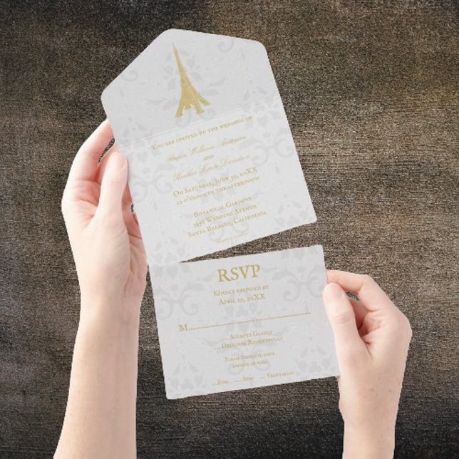 Dourado Dano da torre Eiffel All in One Convite de (Gold Eiffel Tower Damask All in One Wedding Invite)