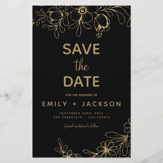 Dourado de orçamento Black Modern Salve a Data Flo (Frente)