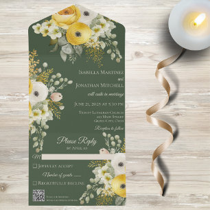 Dourado e Beige Floral no Código QR Verde Escuro