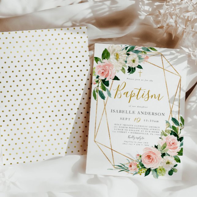 Dourado e Blush floral Baptism convite (Criador carregado)