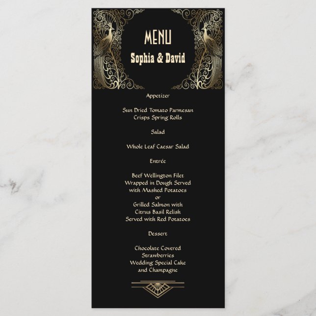 Dourado e charmoso Menu de Casamento de Peacocks A (Frente)