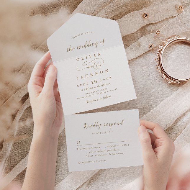 Dourado e elegante casamento com guião romântico (Gold simple elegant romantic script wedding all in one invitation)