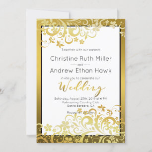 Dourado e florescente Convite Moderno ao Casamento