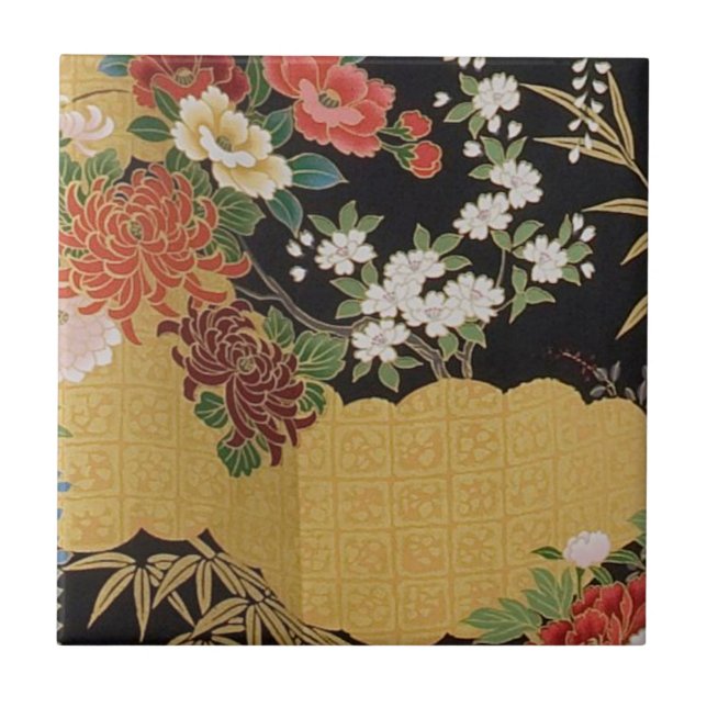 Dourado e negro Oriental Kimono Floral (Frente)
